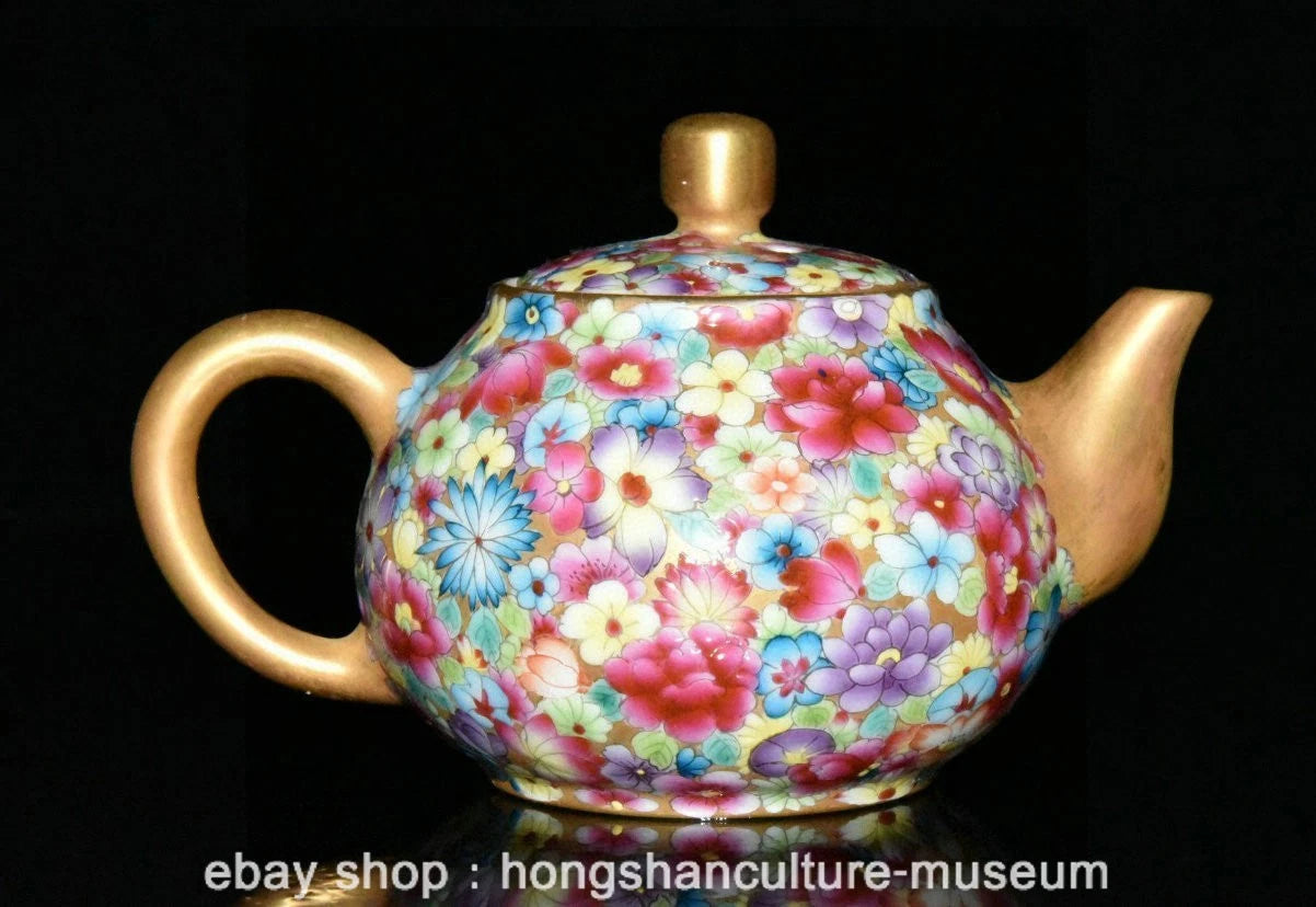 5.2" Old Chinese Qianlong Marked Enamel Porcelain Flower Grape Teapot