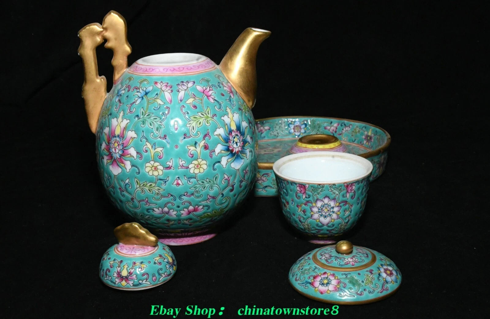 Old Qing Dynasty Enamel Colour Porcelain Gilt Flower Wine Tea Pot Flagon Set