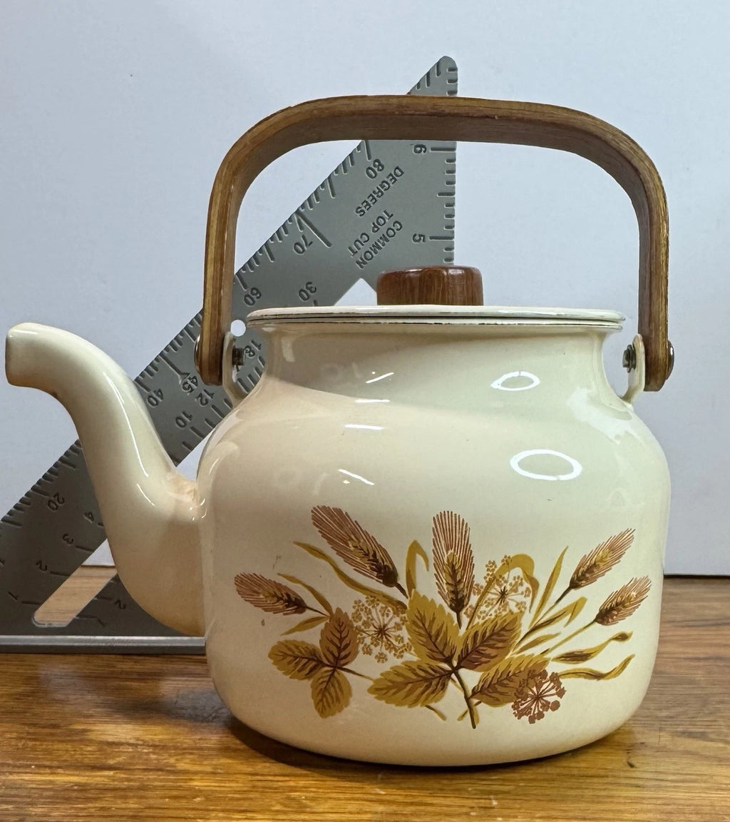 Vintage 80s Gailstyn-Sutton Enamelware Teapot Kettle Country Flower Wood Handle | eBay