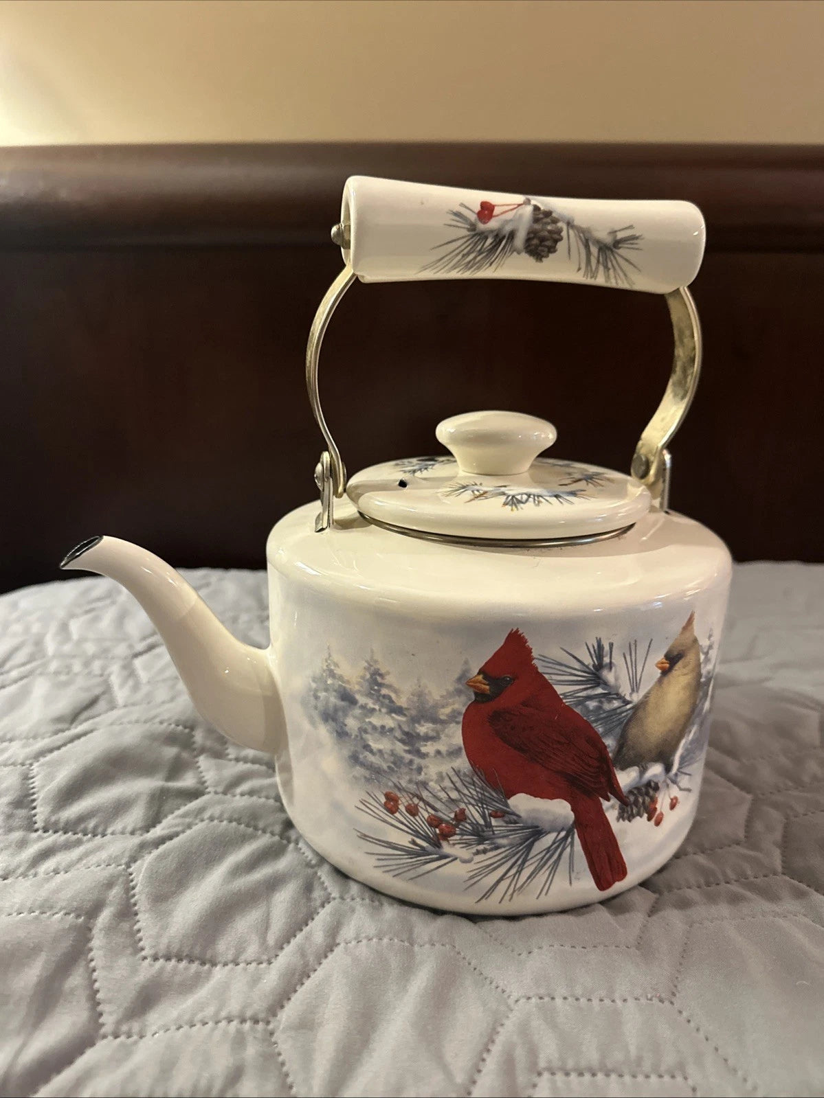Lenox Winter Greetings Scenic Enamel Tea Kettle Cardinals Chickadee Holiday