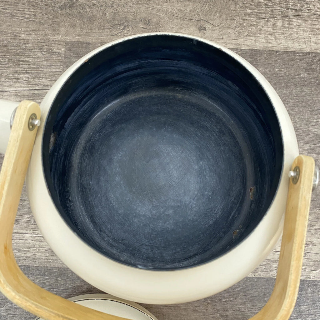 Vintage Beige Enamel Ware Mom Tea Pot Kettle Wood Handle Retro MCM Mother’s Day