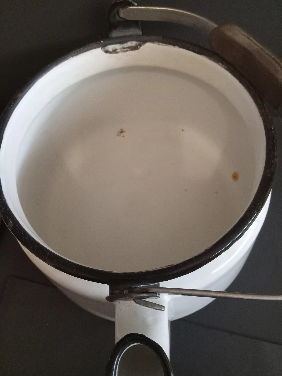 Vintage White Enamelware Tea Kettle Teapot/ Black Trim