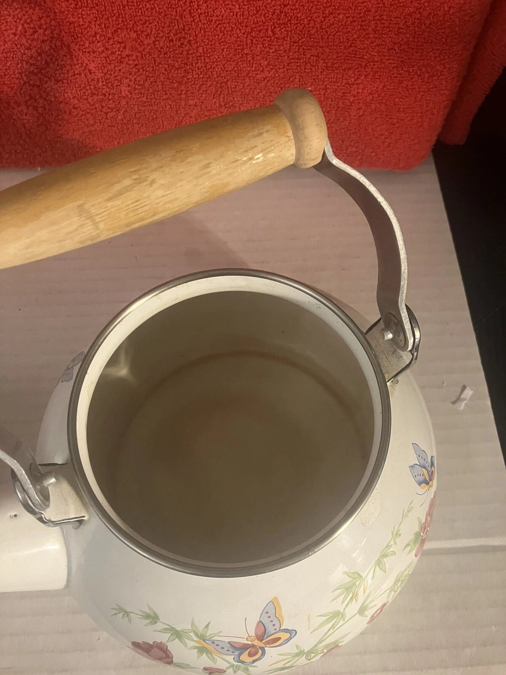 VTG Enamel White Tea Pot Kettle Wood Handle Spring Flowers & Butterflies DWK | eBay