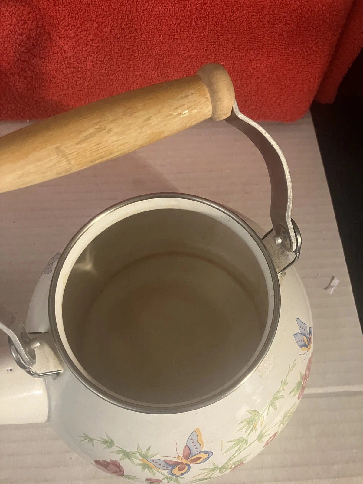 VTG Enamel White Tea Pot Kettle Wood Handle Spring Flowers & Butterflies DWK | eBay