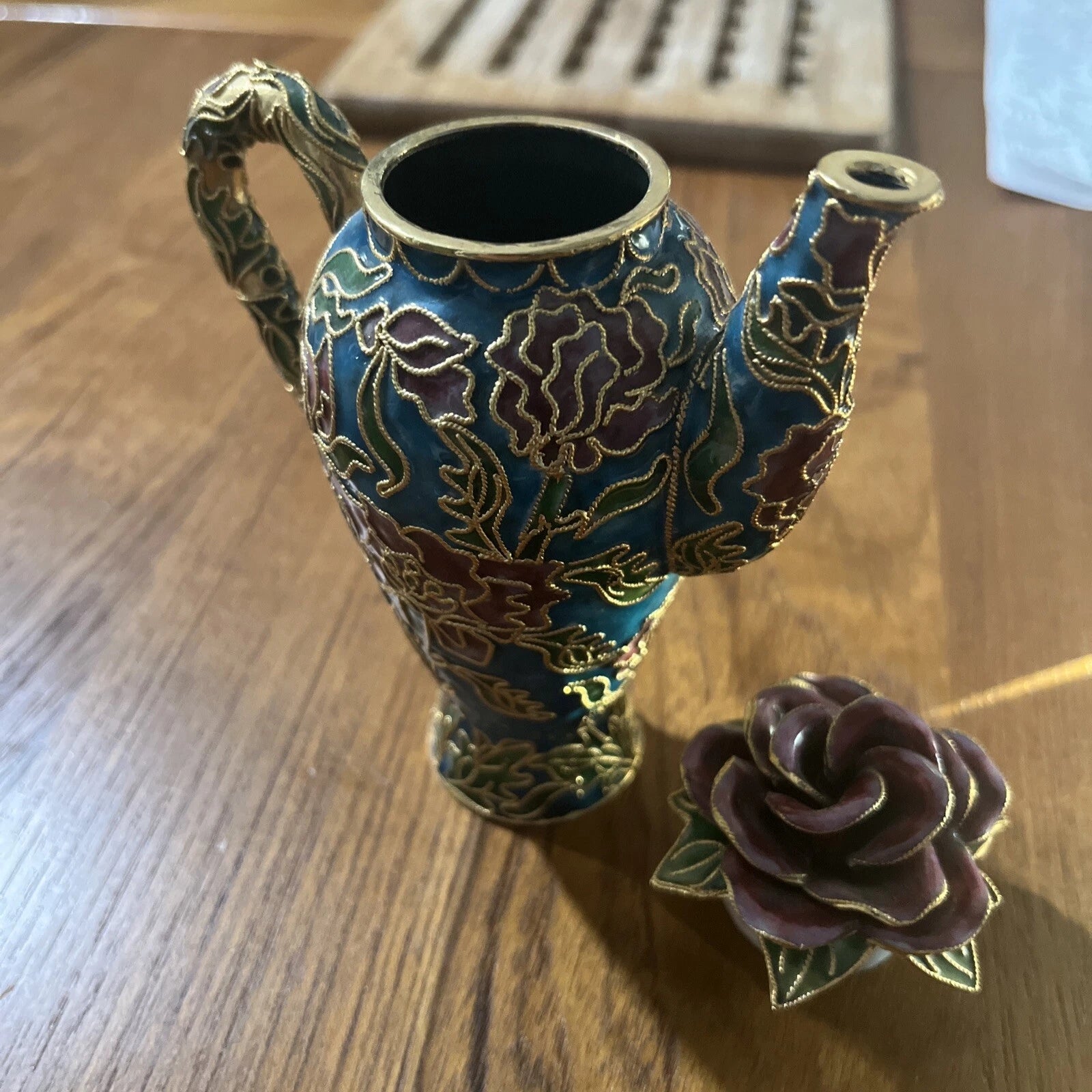 Miniature Floral Enamel Cloisonne Teapot Red Green Gold Rose Design Lid