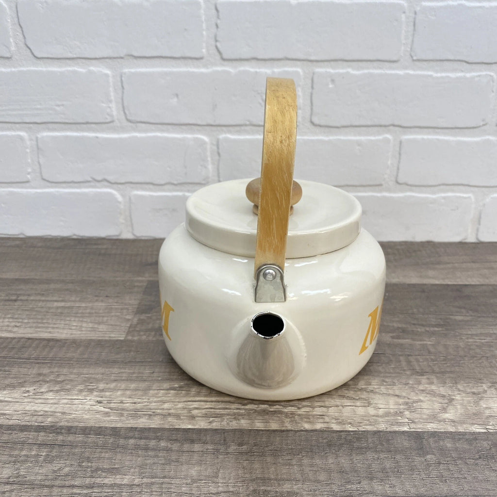 Vintage Beige Enamel Ware Mom Tea Pot Kettle Wood Handle Retro MCM Mother’s Day