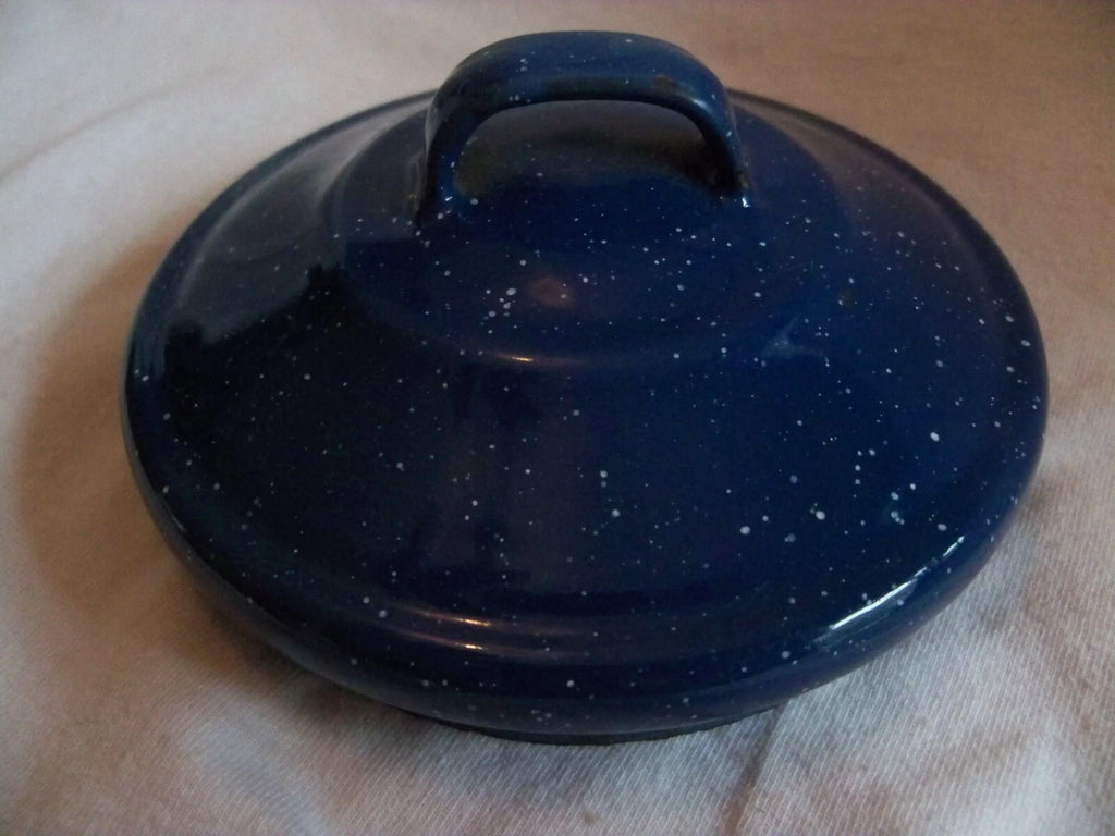 Vtg Blue White Speckled Enamelware Teapot kettle, wire wrap handle, from auction