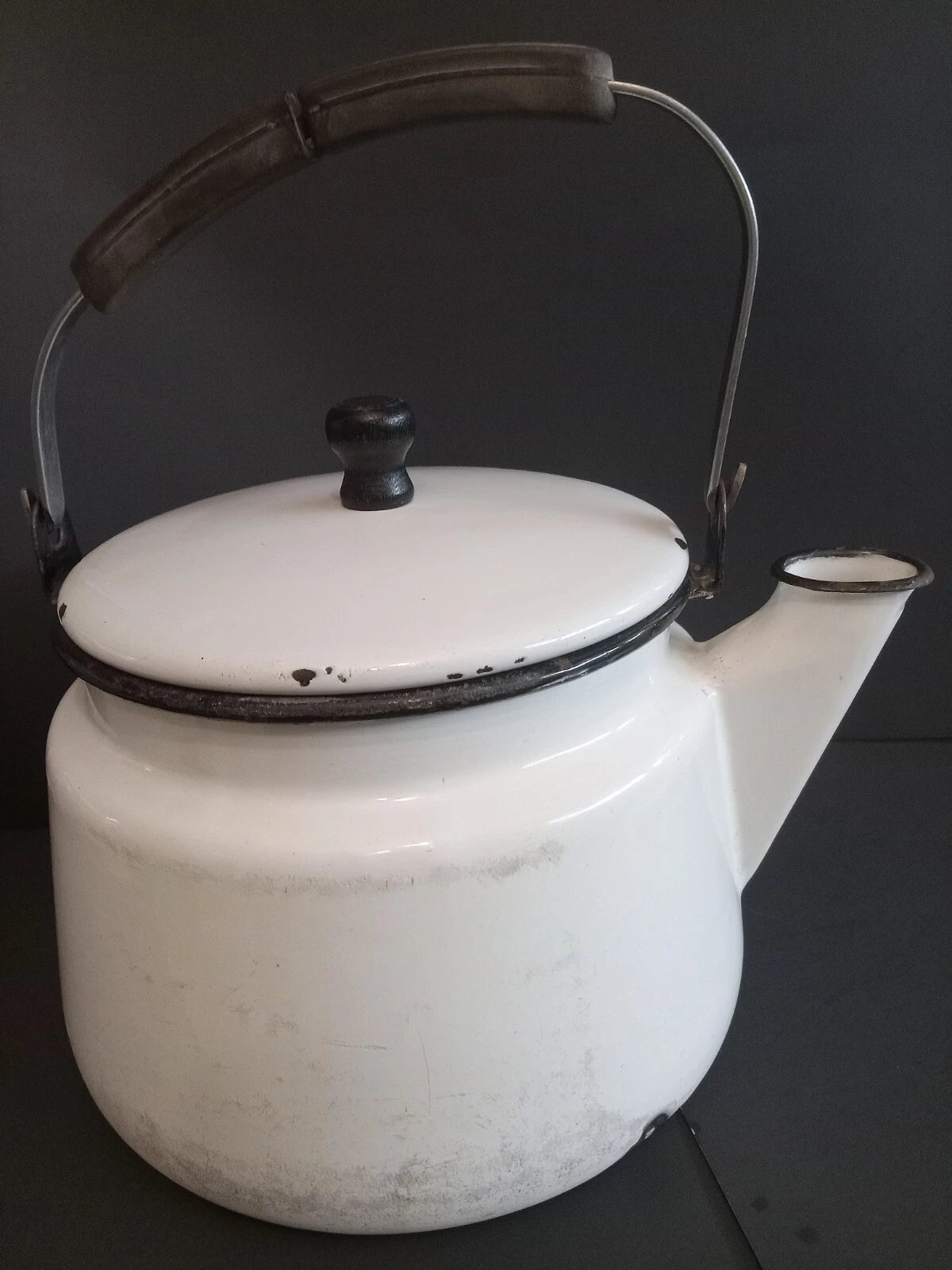 Vintage White Enamelware Tea Kettle Teapot/ Black Trim