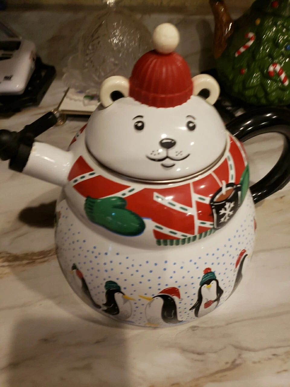 Polar Bear & Penguin 3qt Porcelain Enamel Roschko Teapot,  Christmas Tea Kettle