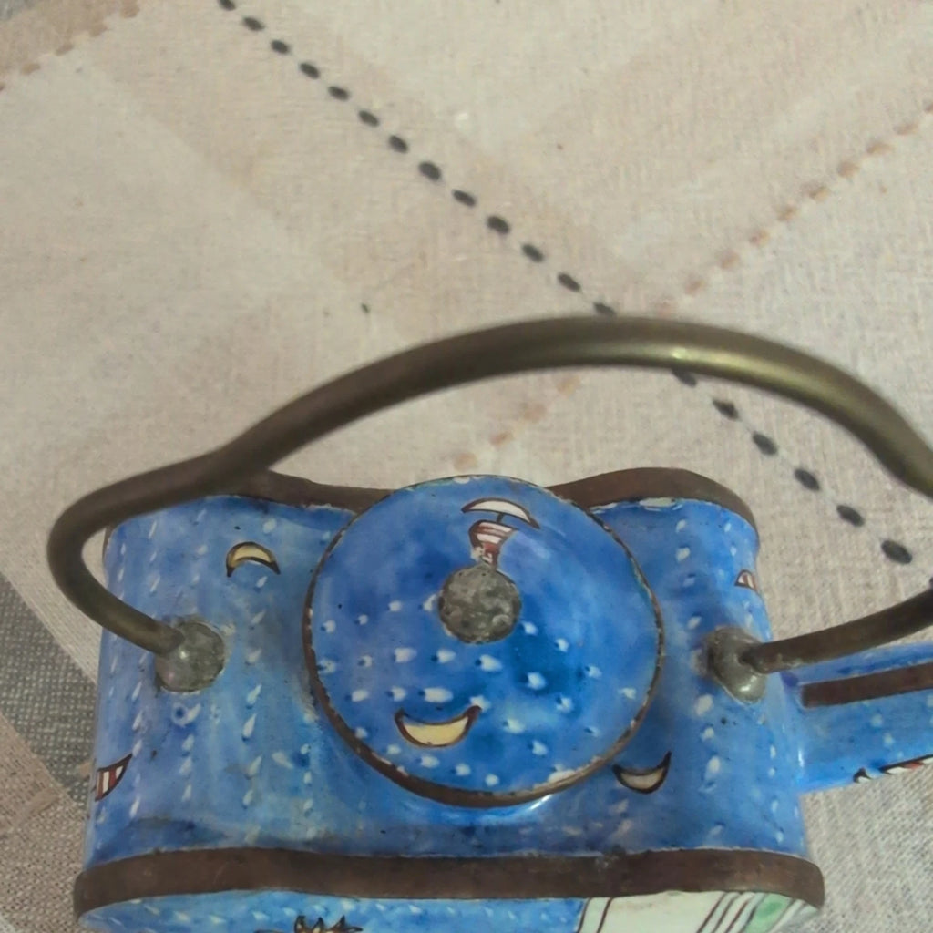 Vintage Miniature Enamel Blue Teapot Empress Arts Guitar Sailboat Flowers Couch