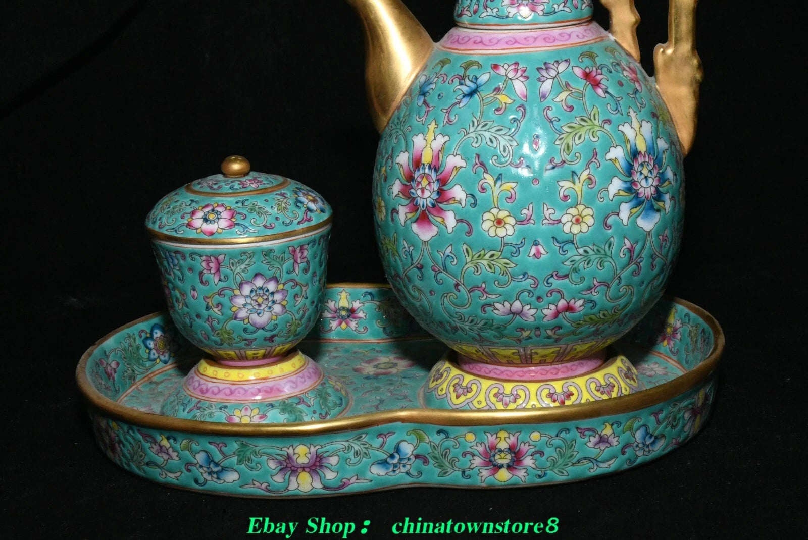 Old Qing Dynasty Enamel Colour Porcelain Gilt Flower Wine Tea Pot Flagon Set