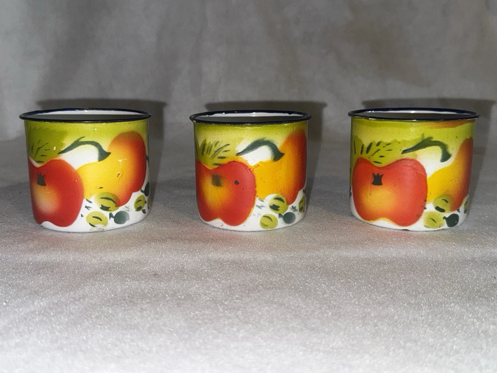 Vintage Enamel Ware Harvest Fruit Design Teapot and 6 Cups
