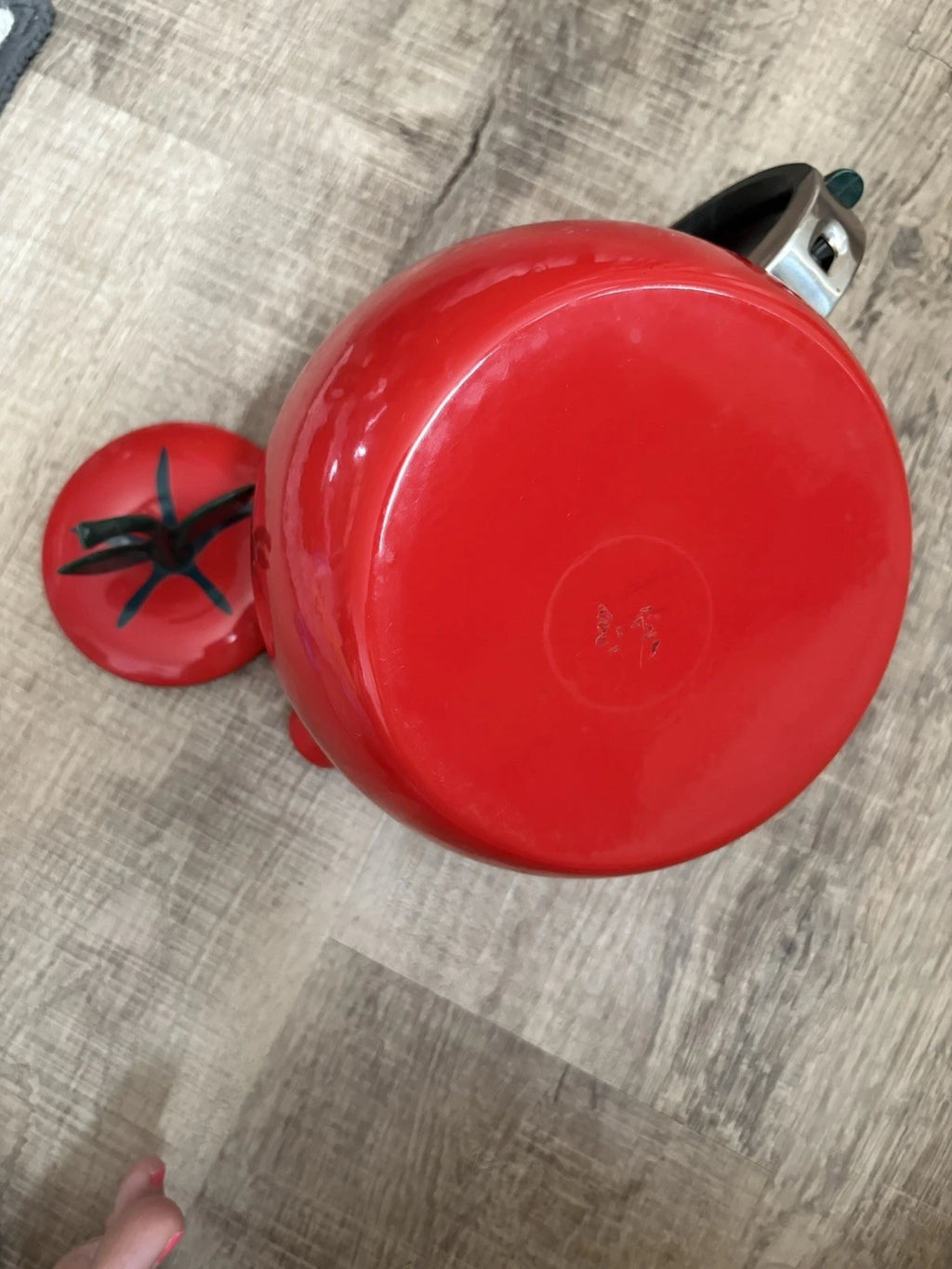 Vintage Copco Red Enamel Tomato Teapot/ Kettle With Green Leaf And Stem