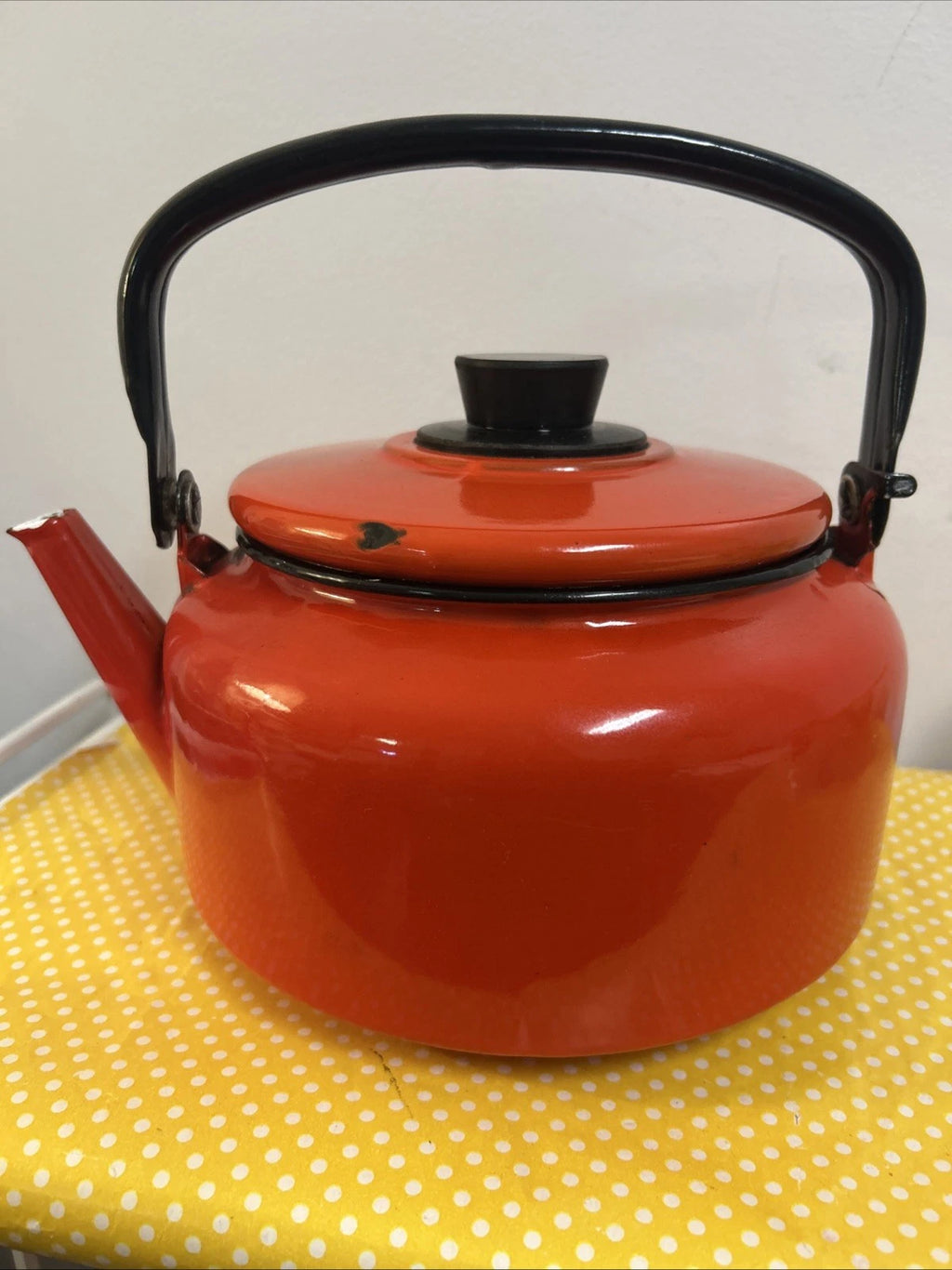 Vintage Orange Black Enamelware Tea Pot Kettle Mod Kitchen Retro 2.5QtPoland MCM