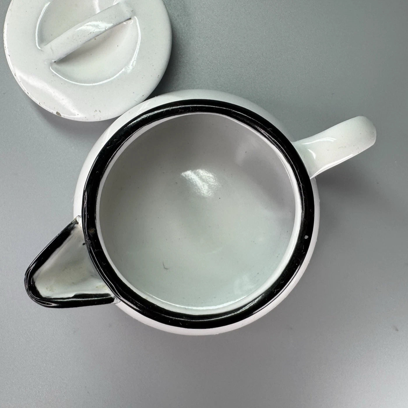 Vtg Enamelware SINGLE SERVE TEAPOT White Black Trim POLAR WARE? Small | eBay
