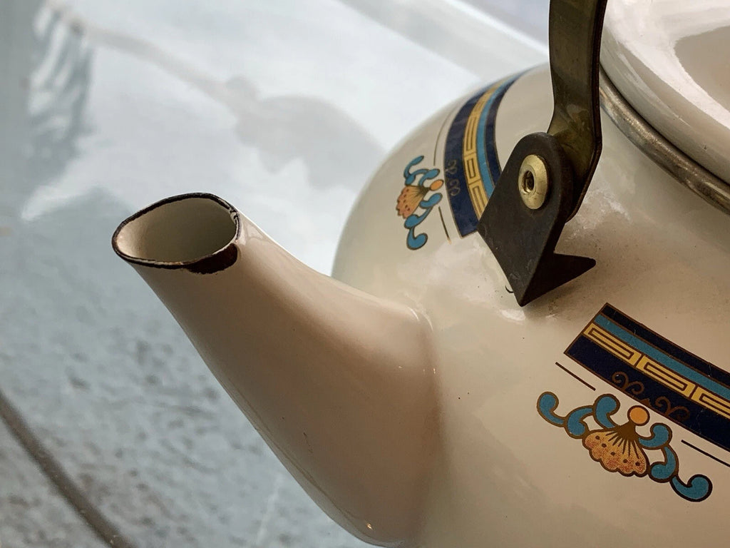 Vintage Lincoware Off White Enamel Metal Flower Motif Teapot Kettle Brass Handle