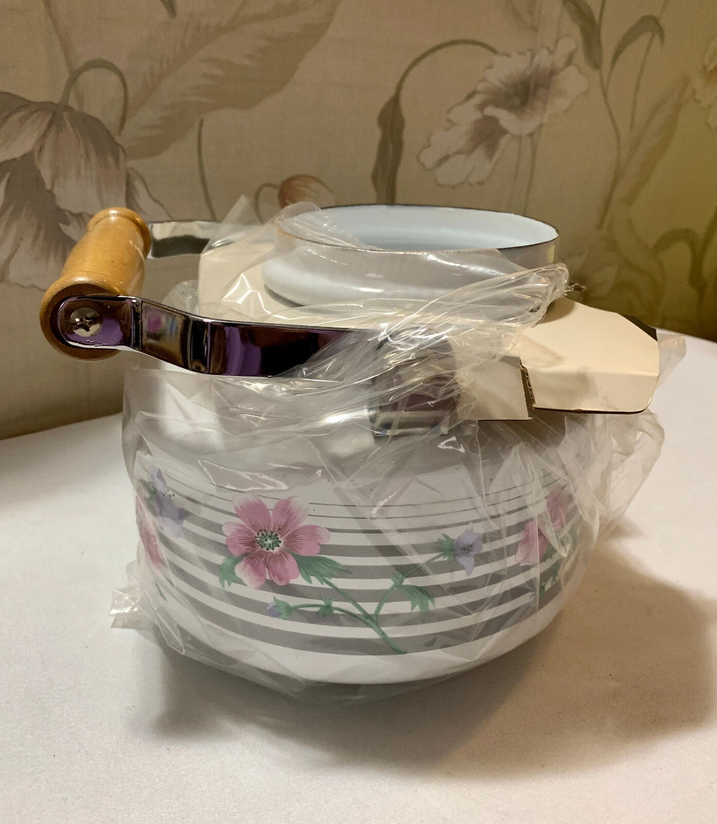Gailstyn-Sutton Enameled Teapot Tea Kettle Floral Design w Gray Lines 1985 - NOS