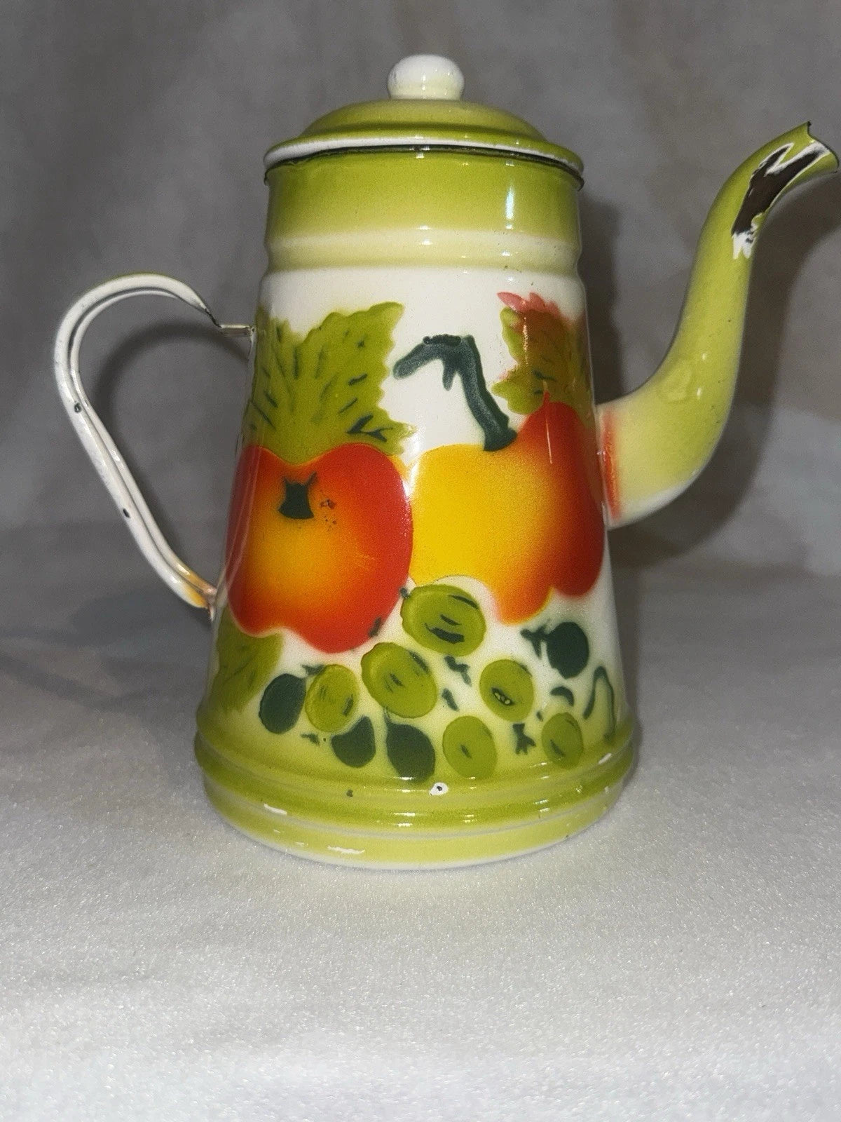Vintage Enamel Ware Harvest Fruit Design Teapot and 6 Cups