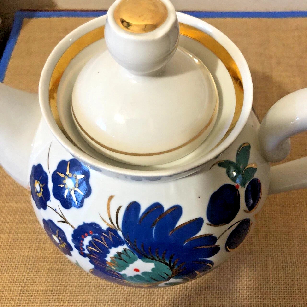 Vintage Gorodnitsa Russian USSR Ceramic Porcelain Teapot Floral Gold Enamel