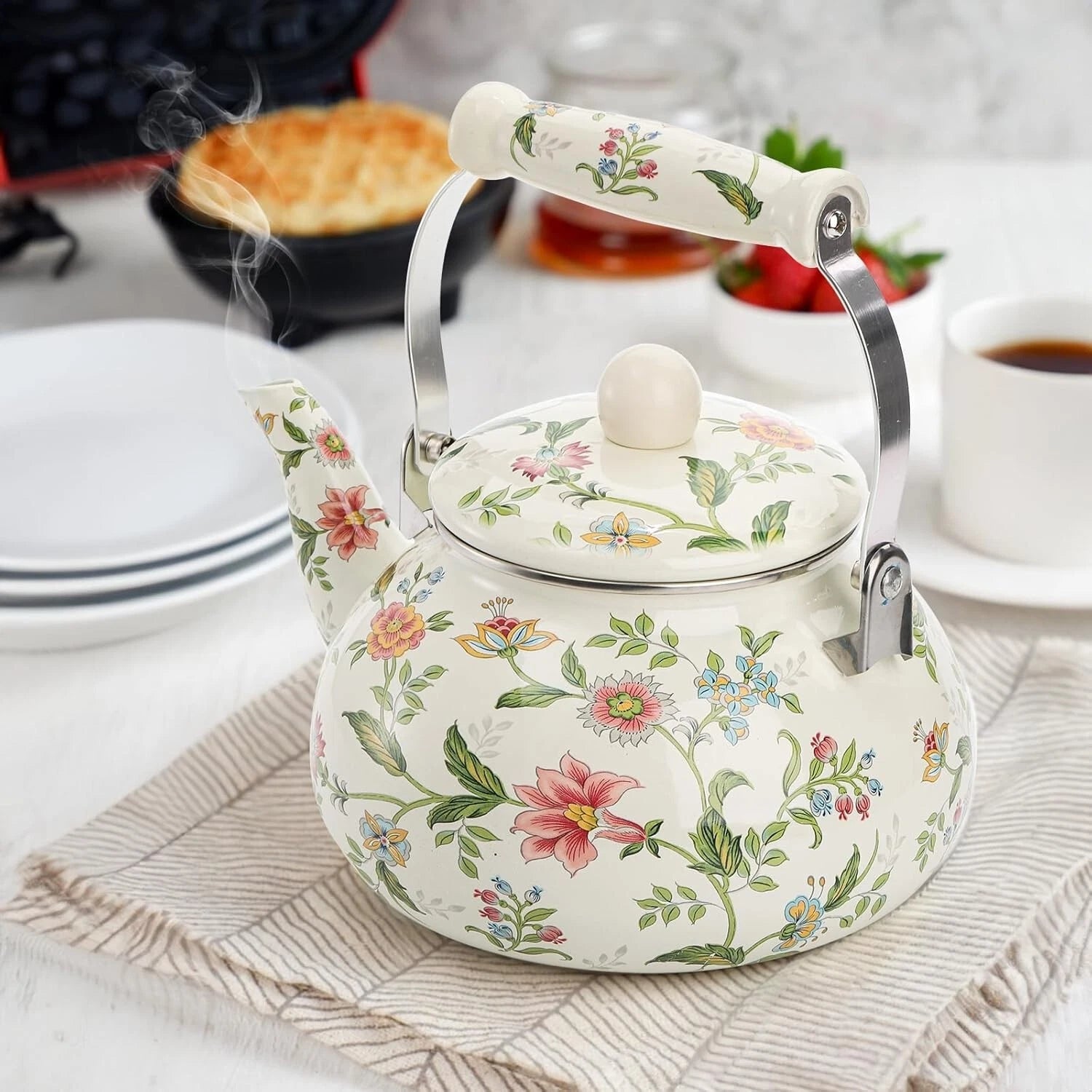 2.6 Quart Vintage Enamel Tea Kettle, Green Floral Enamel on Steel Teapot with Co