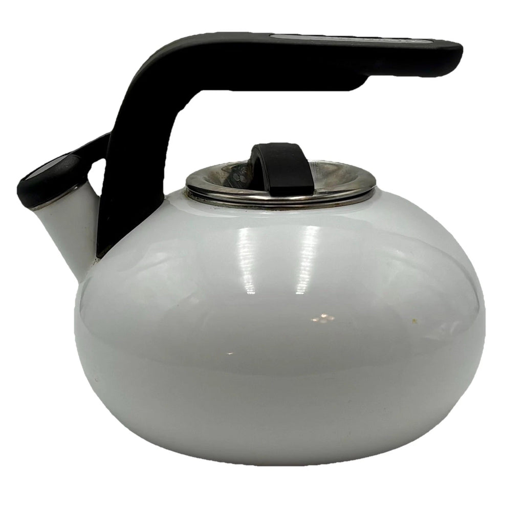 Kitchen Aid Tea Pot Whistling White Enamel Kettle Black Handle Chrome Trim
