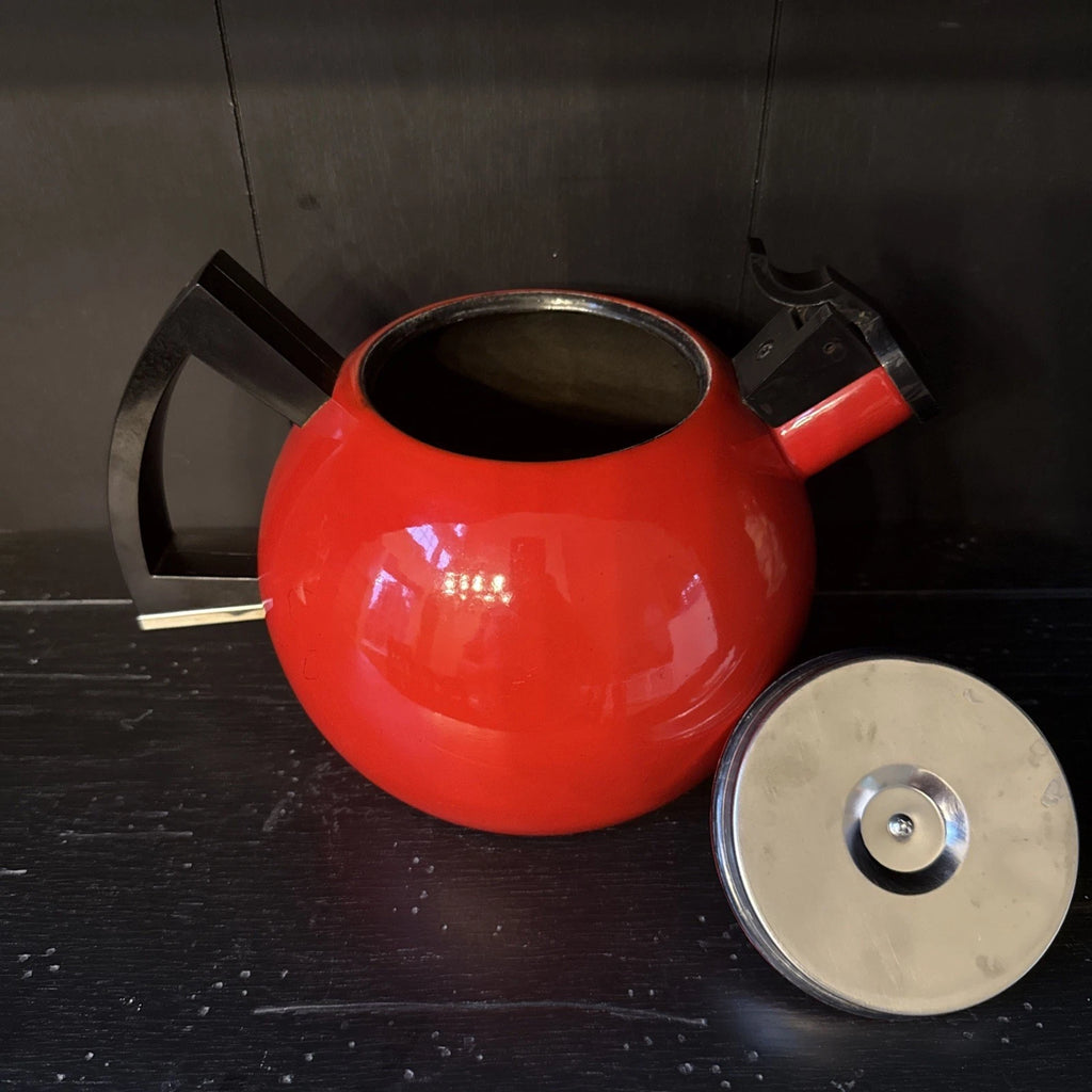 Vintage Red Enamel Tea Kettle Copco Tea Pot Black Handle MCM