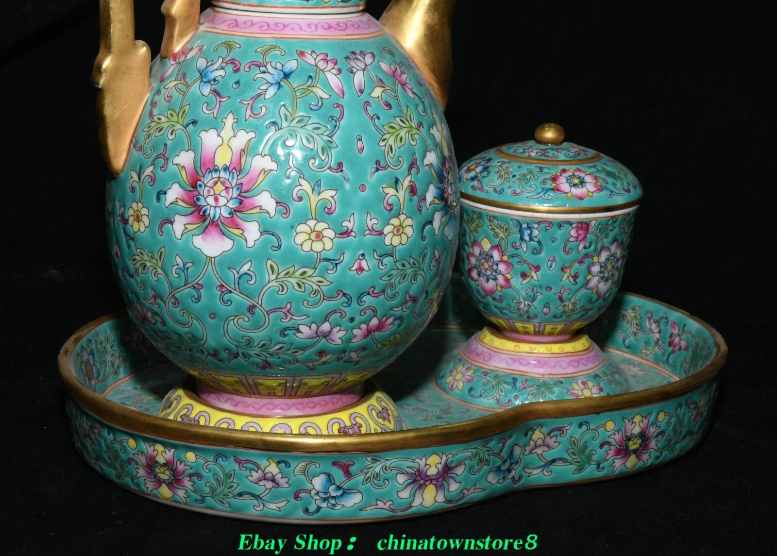 Old Qing Dynasty Enamel Colour Porcelain Gilt Flower Wine Tea Pot Flagon Set