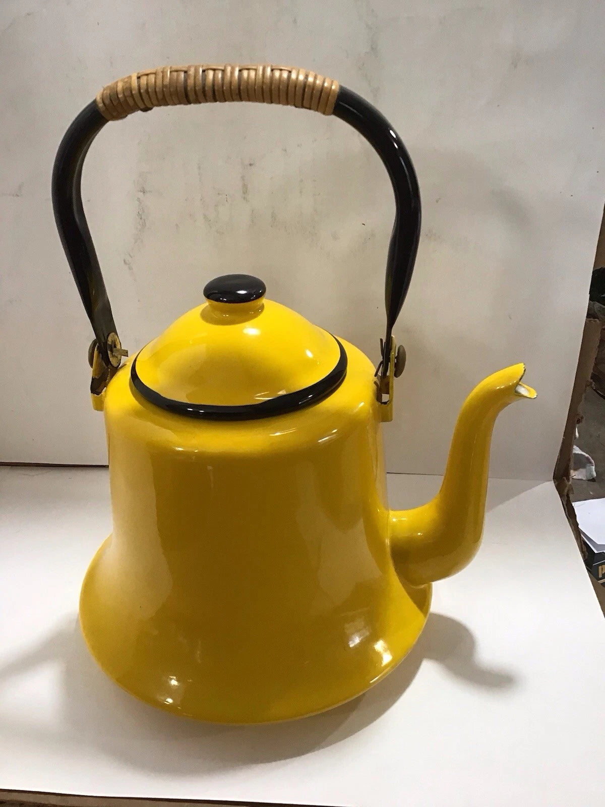 Vintage Yellow Enamelware Teapot Kettle Bamboo Wrapped Handle Japan MCM Retro | eBay