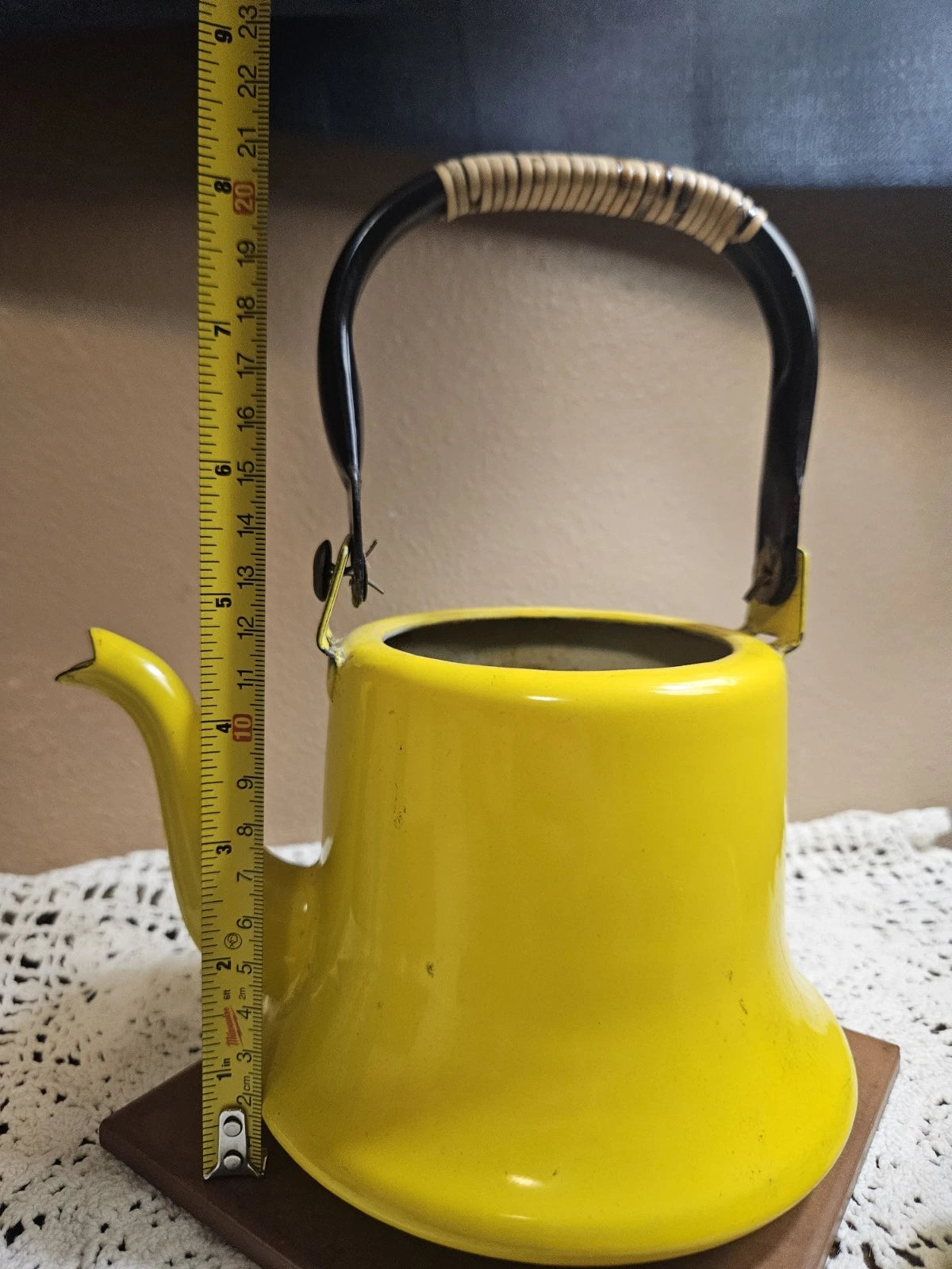 Vintage Enamelware Yellow Black Trim Tea Pot Coffee Pot