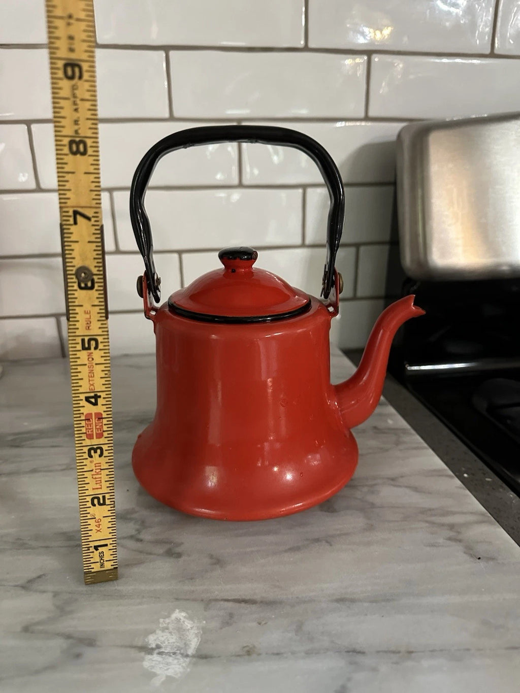 Vintage MCM Red Baked Enamel Tea Kettle with Black Handle Tea Pot Japan Rustic