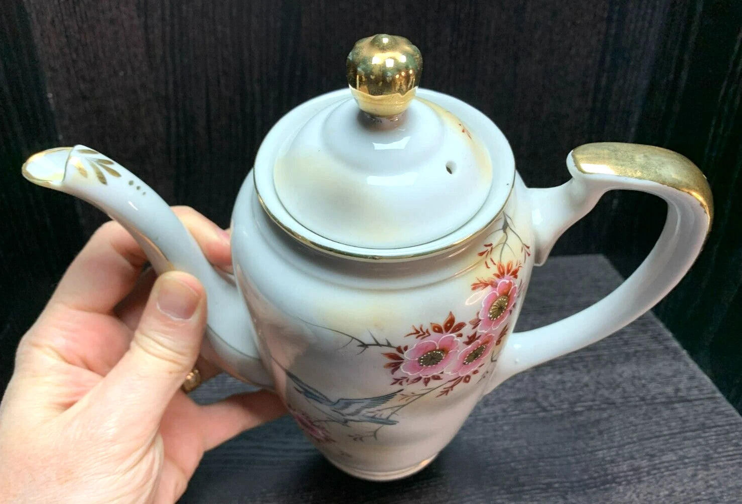 VTG JAPANESE FLORAL TEA COFFEE POT / SUGAR / CREAMER Enamel Detail, Gold Trim