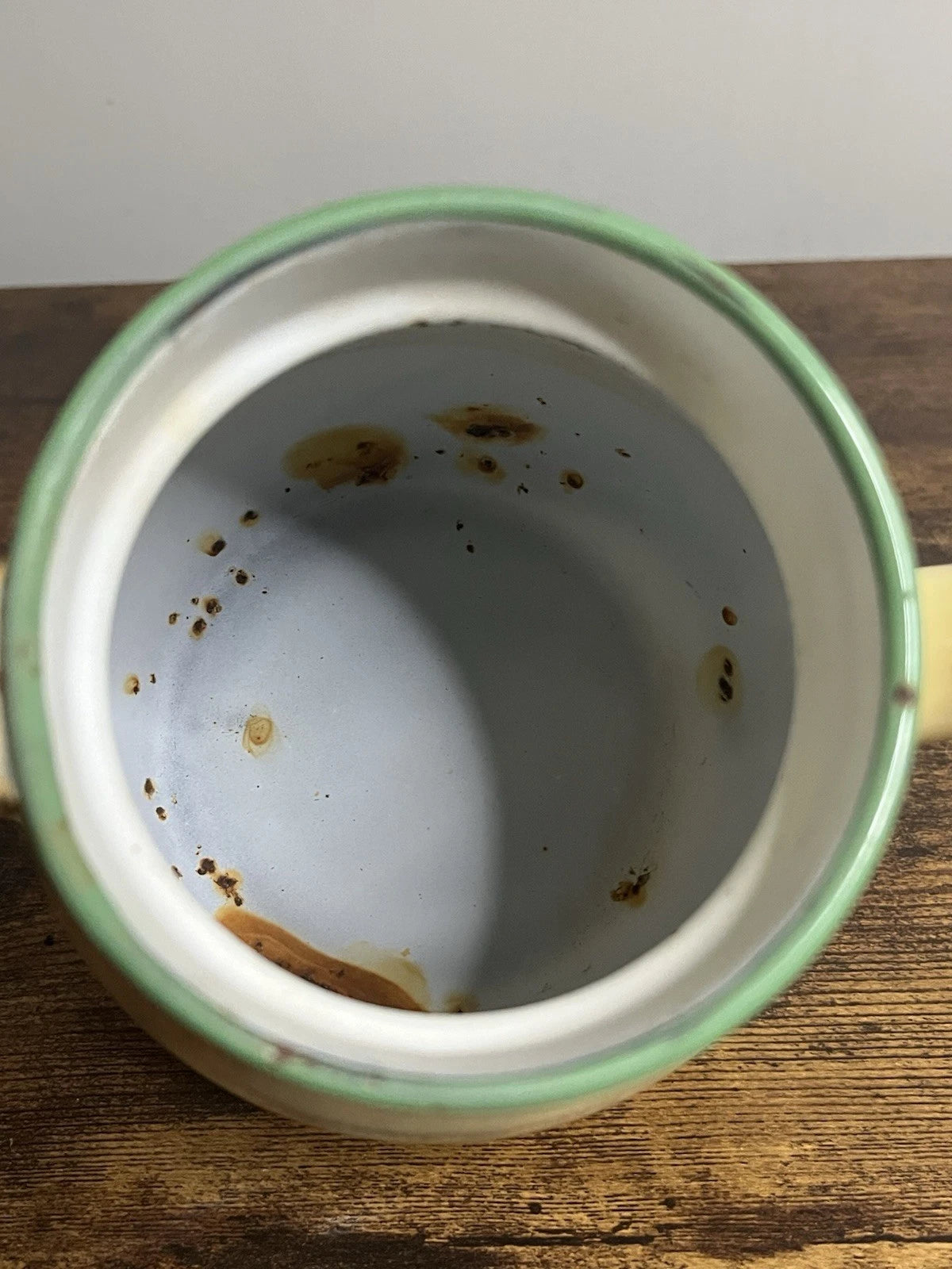 Vintage Enamelware Coffee Tea Pot Cream with Green Trim Uranium Glass Top | eBay