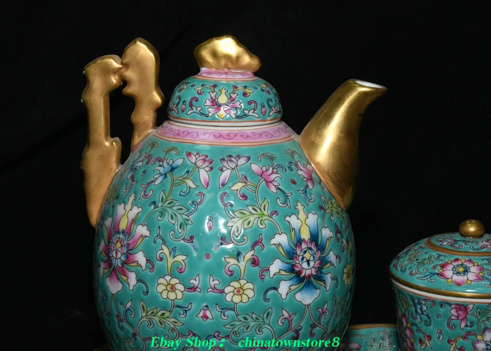 Old Qing Dynasty Enamel Colour Porcelain Gilt Flower Wine Tea Pot Flagon Set