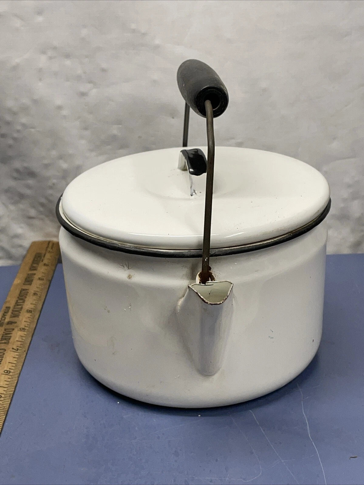 Vintage Enamel Wood Handle Tea Pot/Tea Kettle in White with Black | eBay