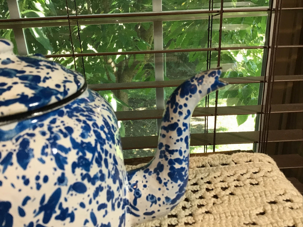 Vintage blue splatter enamel ware 4 cup teapot