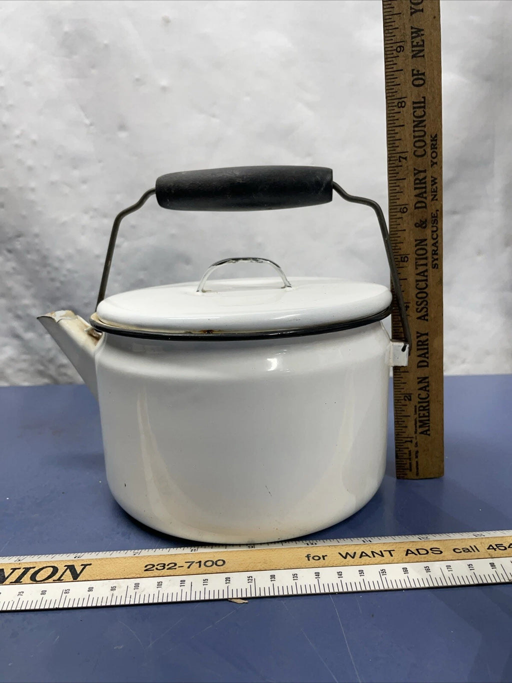 Vintage Enamel Wood Handle Tea Pot/Tea Kettle in White with Black | eBay