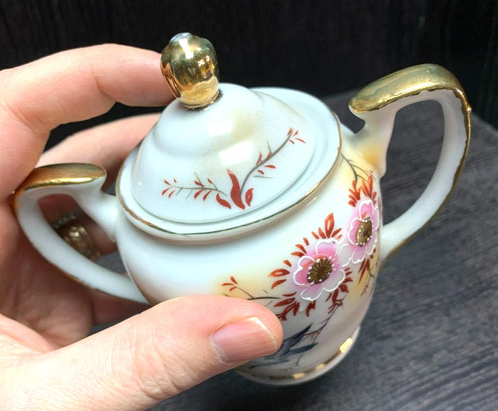 VTG JAPANESE FLORAL TEA COFFEE POT / SUGAR / CREAMER Enamel Detail, Gold Trim