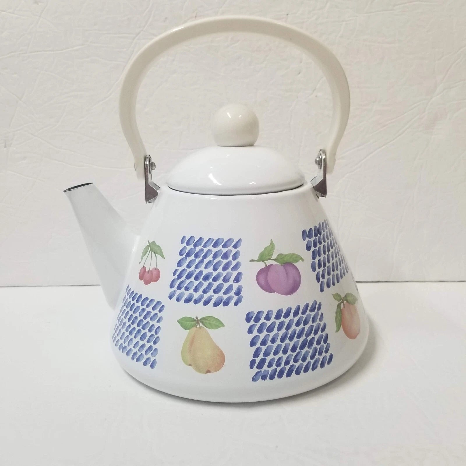 White Enamel Teapot Fruit Pear Cherries Plum Peach Blue 2 Qt Decorative Tea Pot | eBay