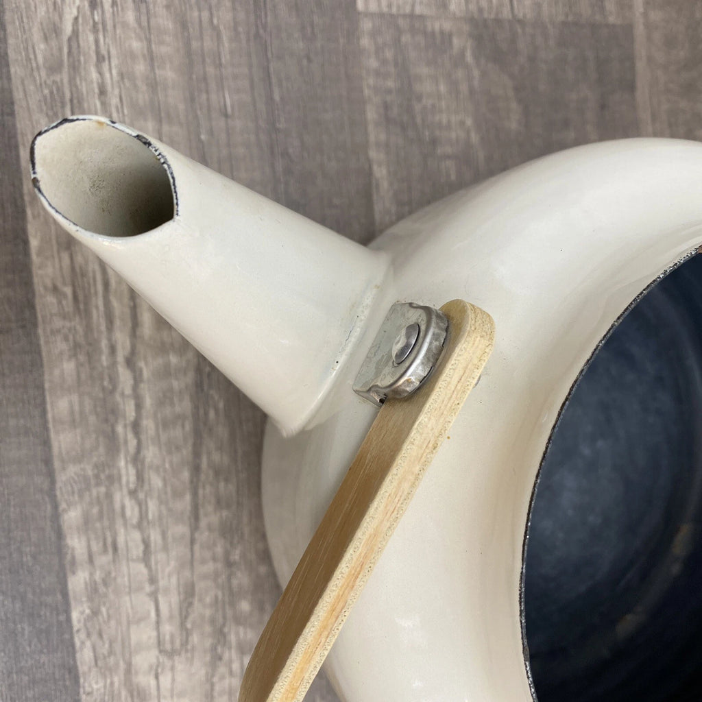 Vintage Beige Enamel Ware Mom Tea Pot Kettle Wood Handle Retro MCM Mother’s Day
