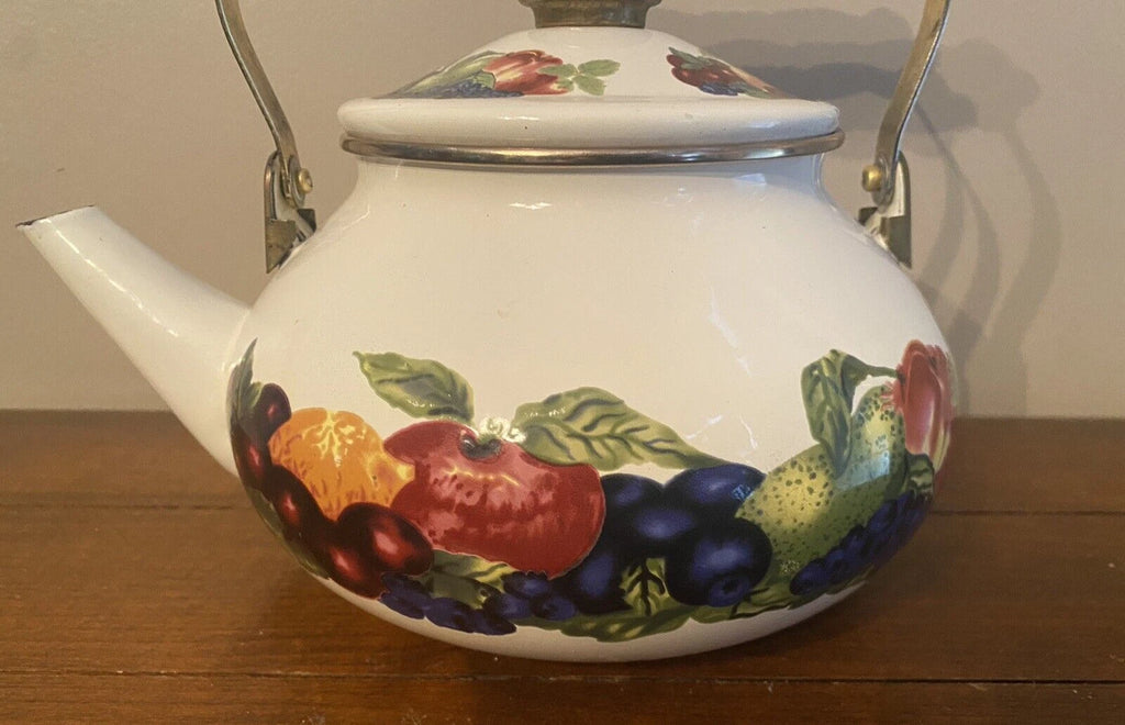 VINTAGE Teapot Kettle REGENCY ENAMEL WARE Stovetop Kitchen FRUIT