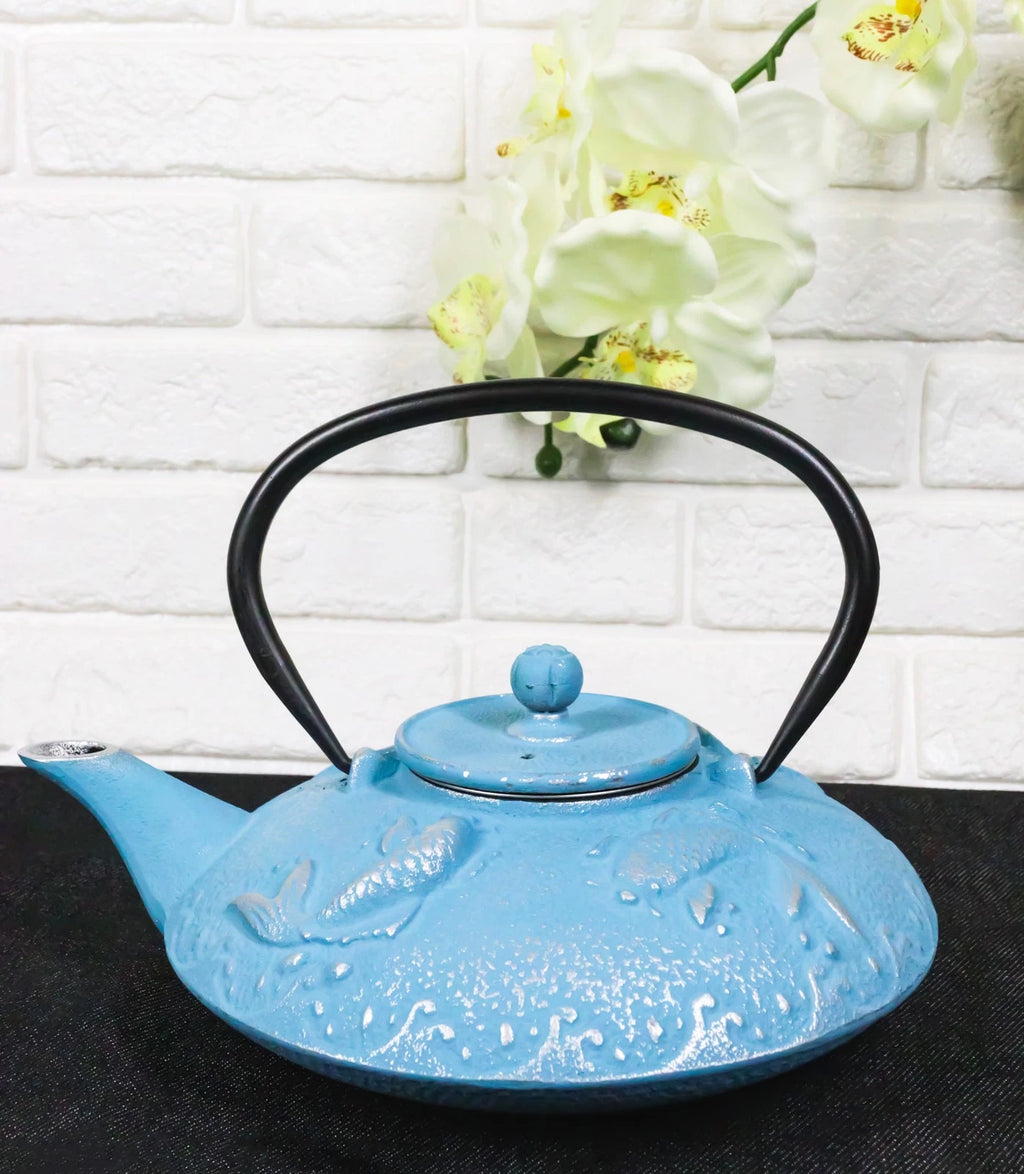 Turquoise Blue Auspicious Koi Fishes Cast Iron Tetsubin Teapot With Enamel Liner | eBay