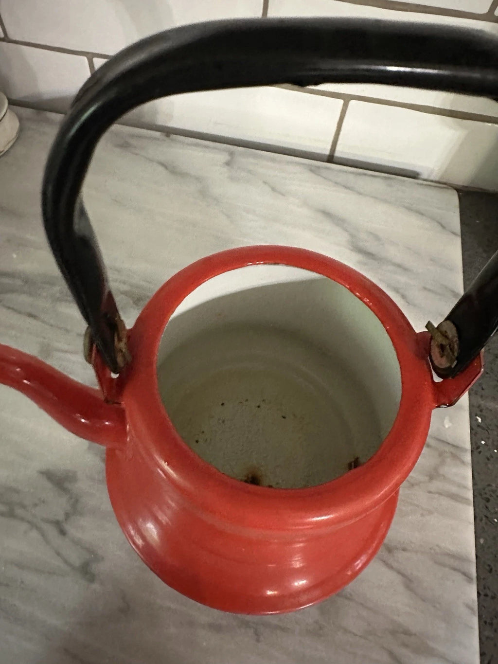 Vintage MCM Red Baked Enamel Tea Kettle with Black Handle Tea Pot Japan Rustic