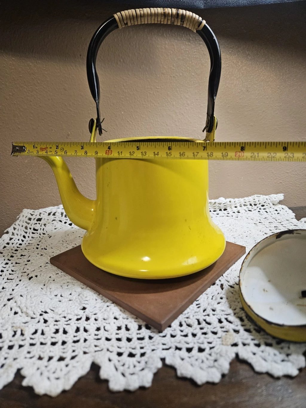 Vintage Enamelware Yellow Black Trim Tea Pot Coffee Pot