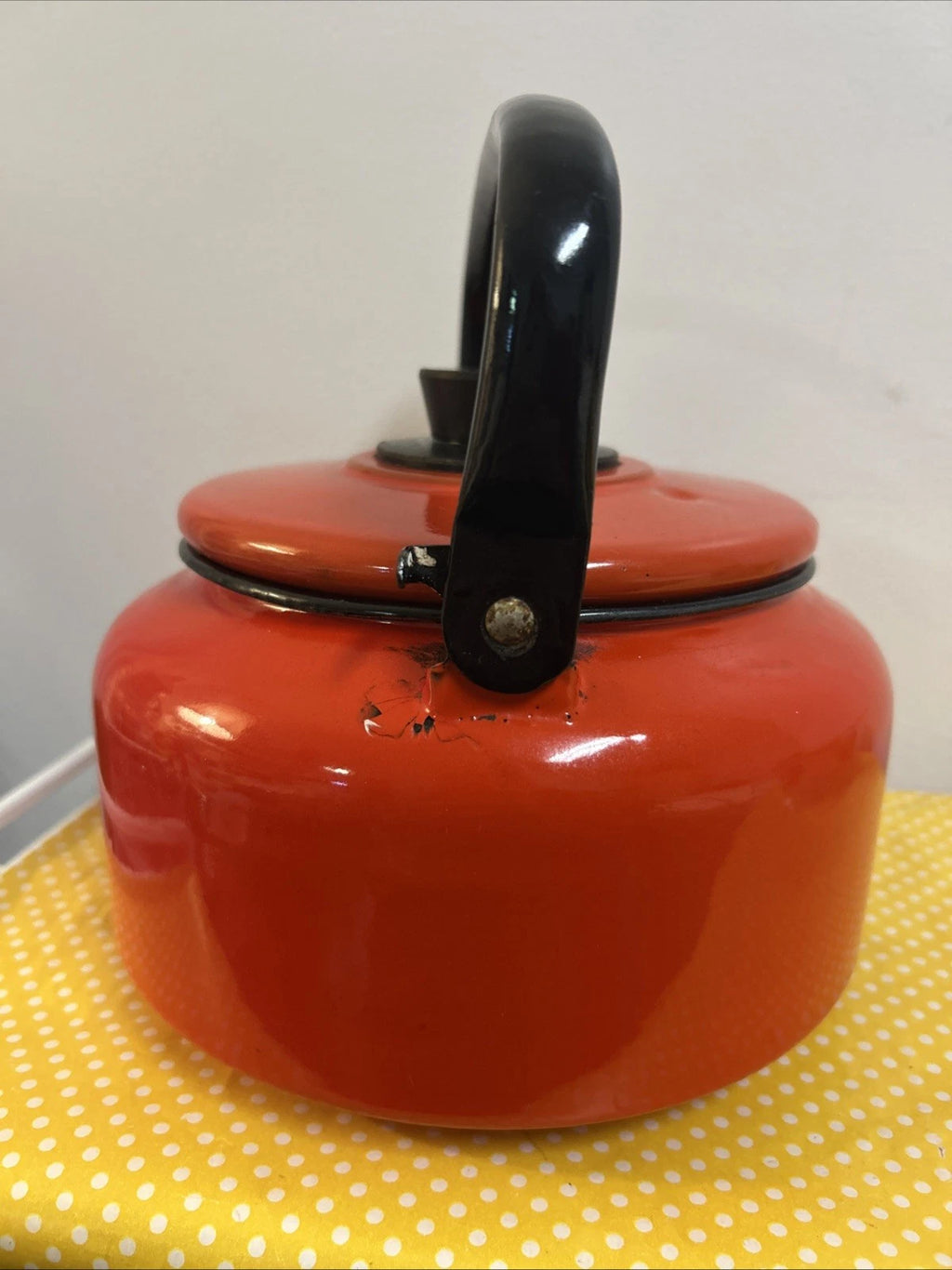 Vintage Orange Black Enamelware Tea Pot Kettle Mod Kitchen Retro 2.5QtPoland MCM