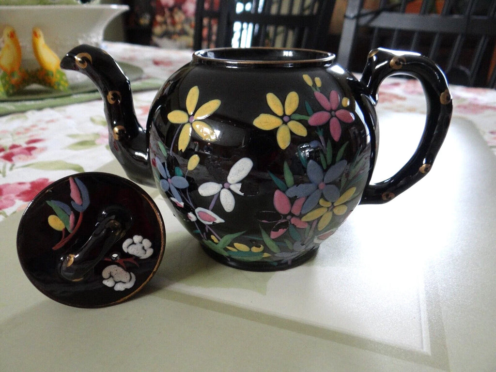 Vintage Black Tea Pot Hand Painted Enameled Flowers England Red Clay | eBay
