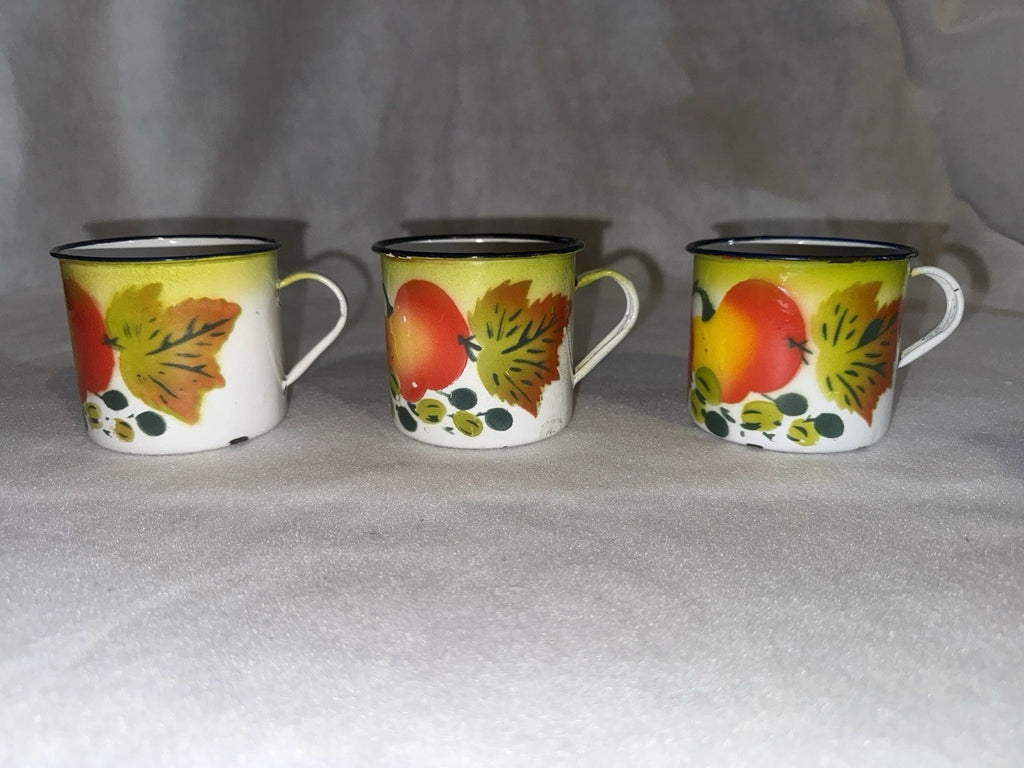 Vintage Enamel Ware Harvest Fruit Design Teapot and 6 Cups