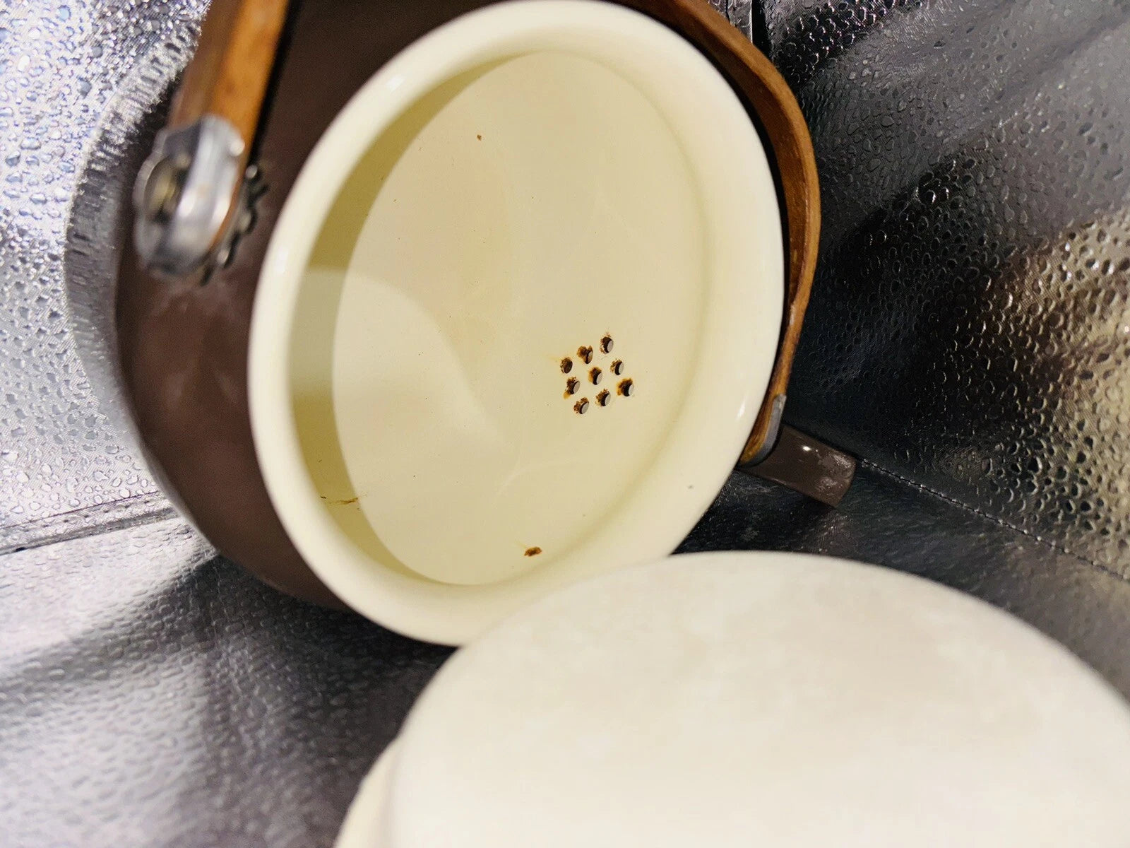 Vintage Small Brown  Enamelware Tea Pot Kettle Wood Handle 6.5" x 4.75"