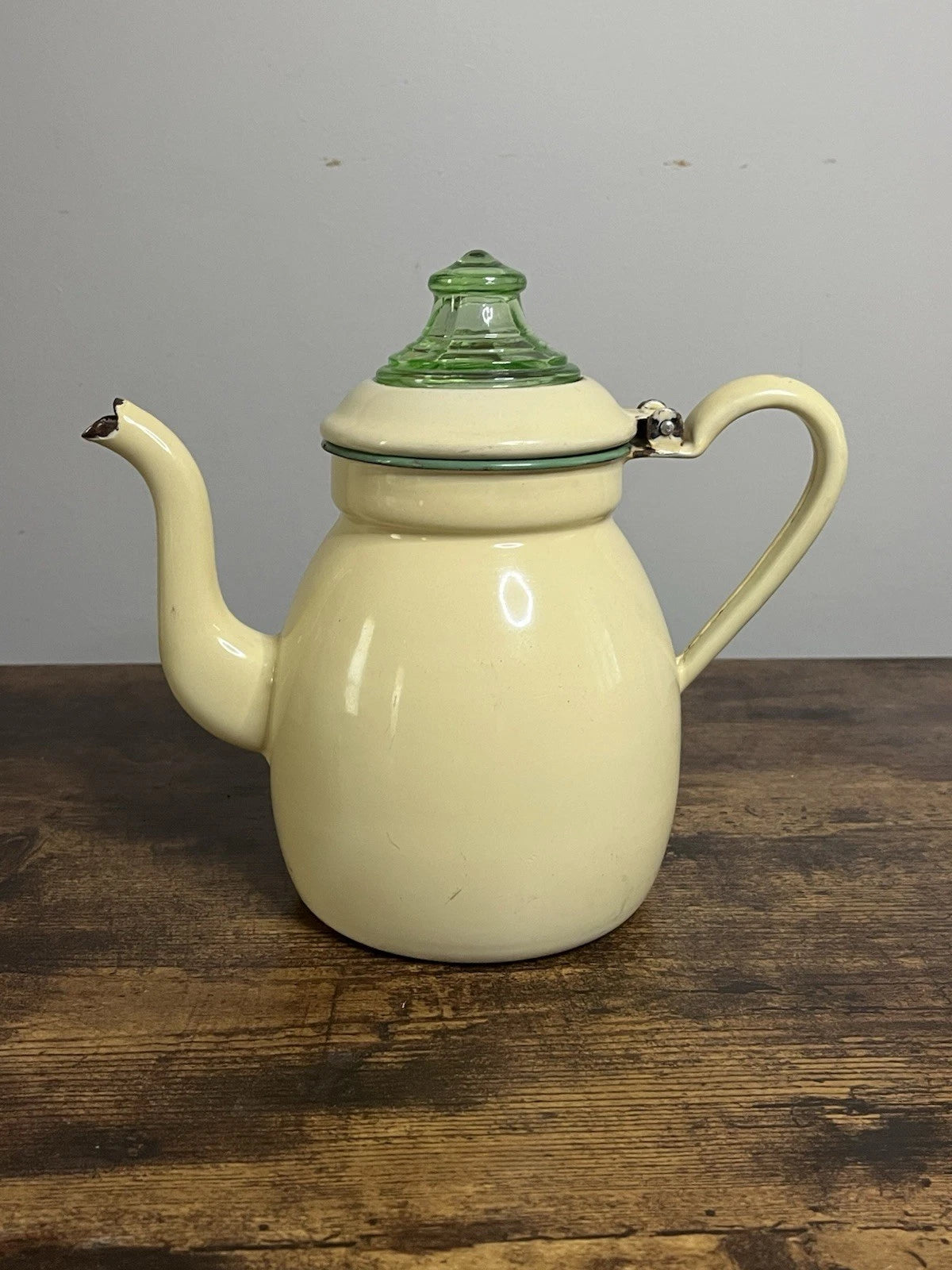 Vintage Enamelware Coffee Tea Pot Cream with Green Trim Uranium Glass Top | eBay