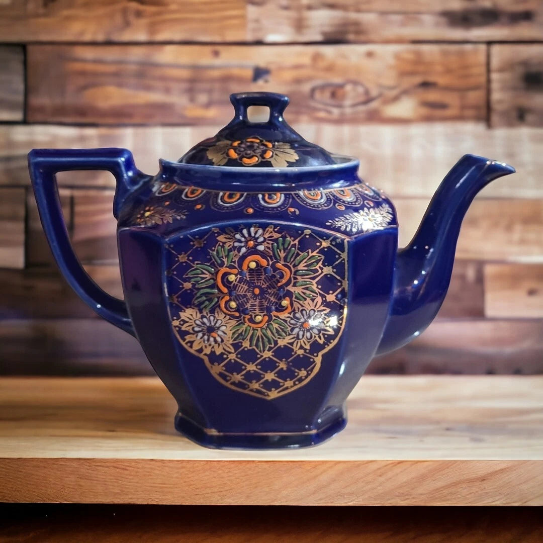 Vtg Seiei & Co Cobalt Blue Hand Painted Floral Blossom Enamel Teapot Japan