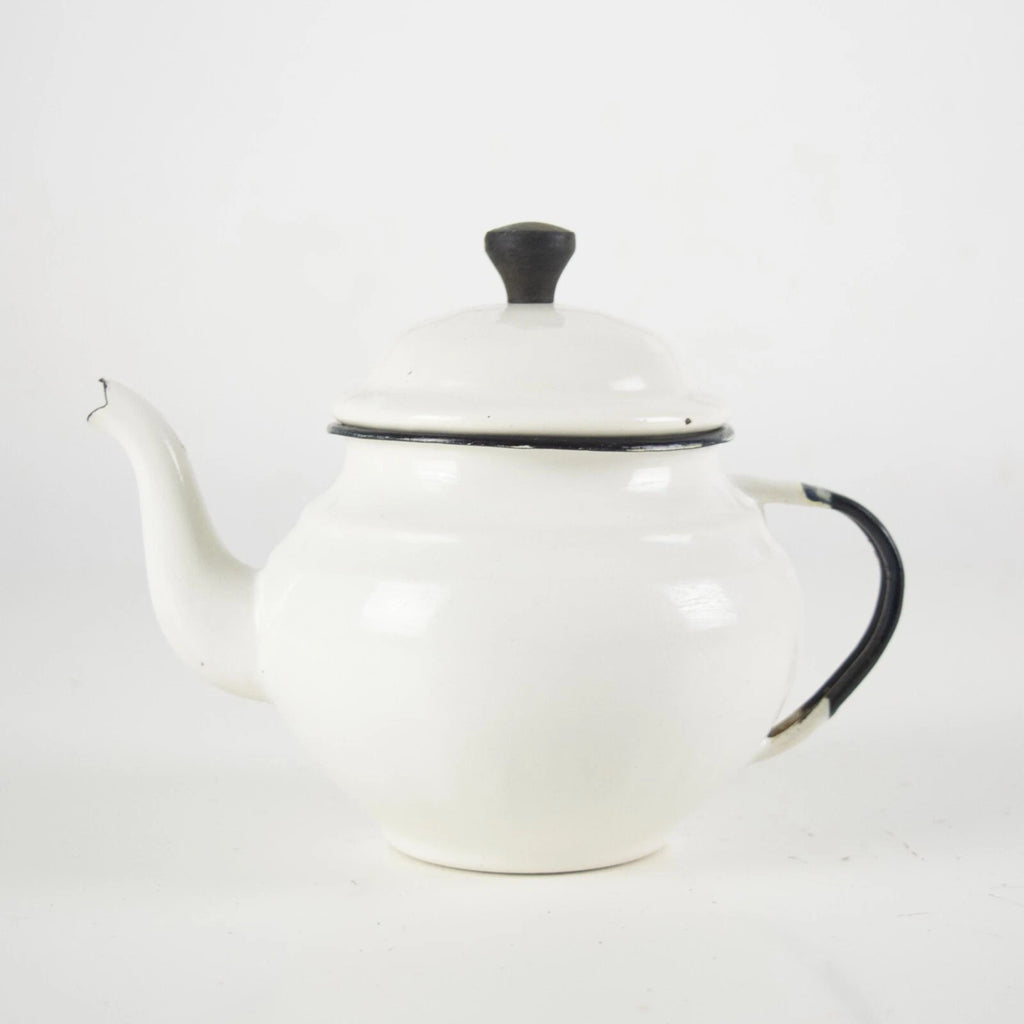 Vintage small white enamelware teapot. Vintage white enamel kettle pot